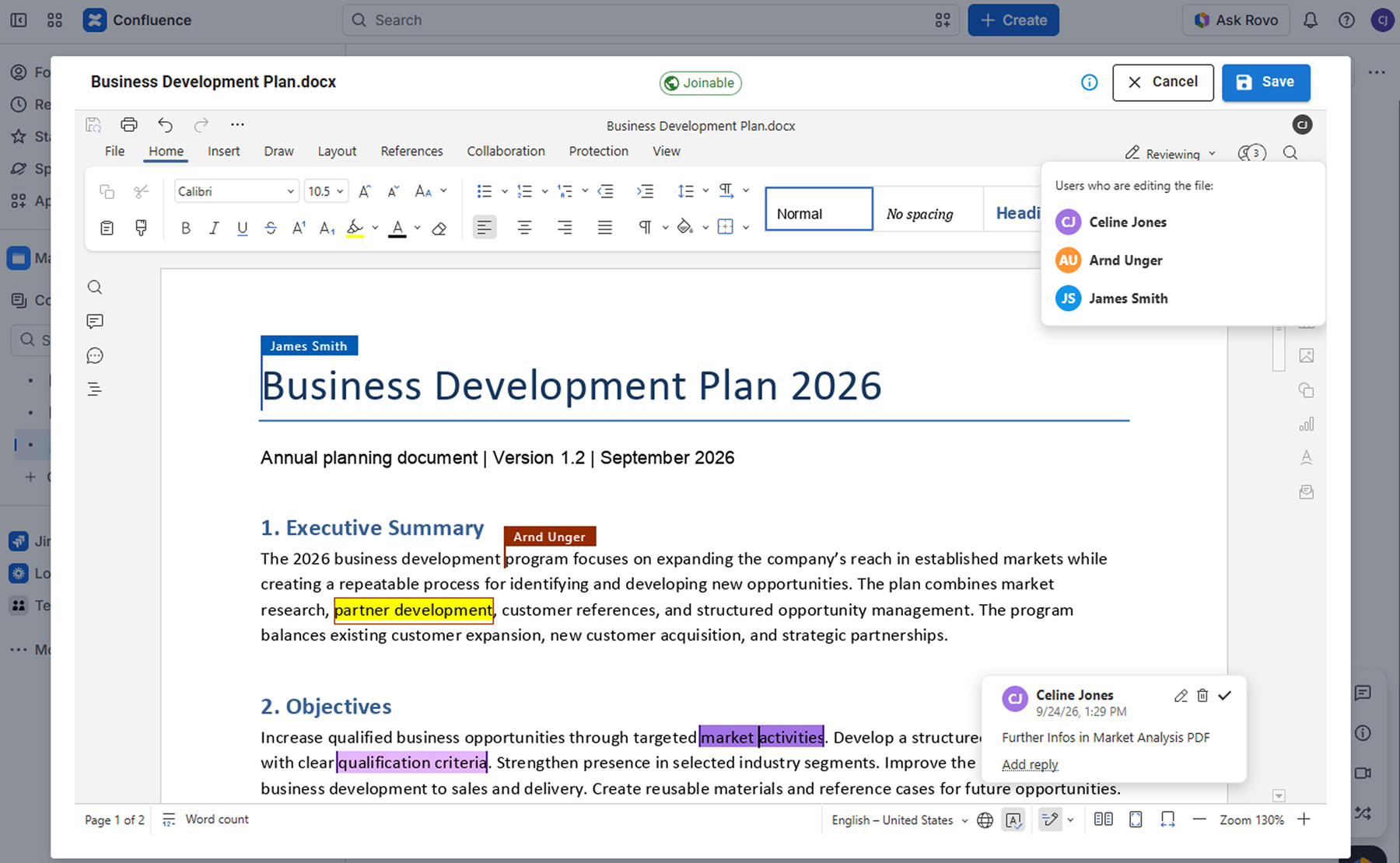 Business Development Plan.docx opened in the GoEdit editor, with three people editing at the same time