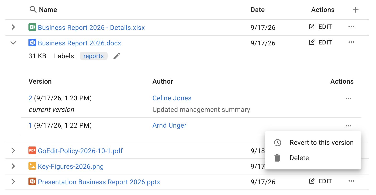 GoEdit attachment list with version history